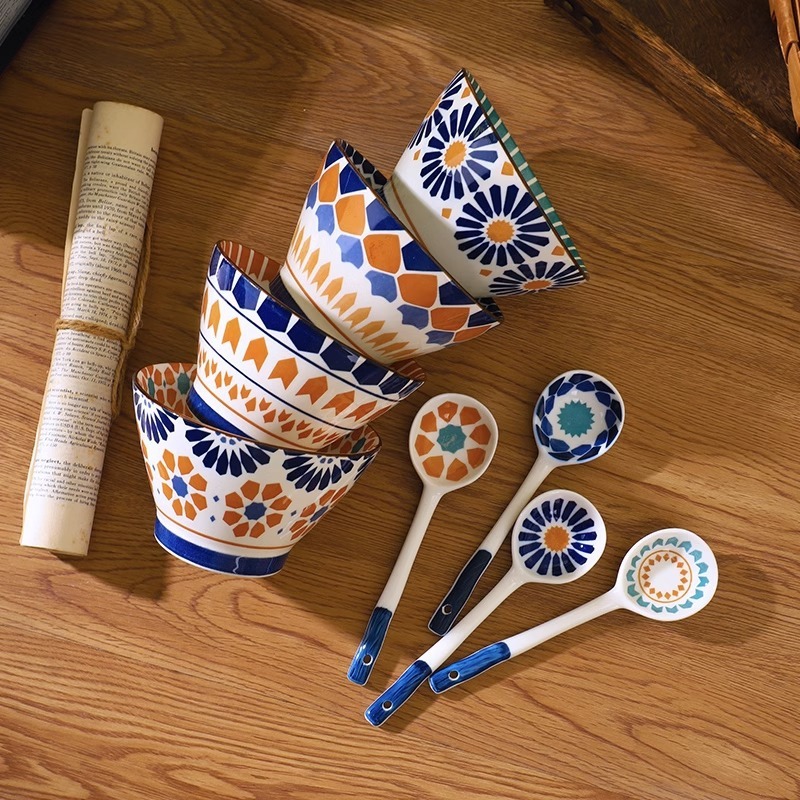 Bohemian Retro Bucket Bowl 5-inch One-person One-color Special Bowl Japanese-style Ceramic High-foot Bowl Rice Bowl Household