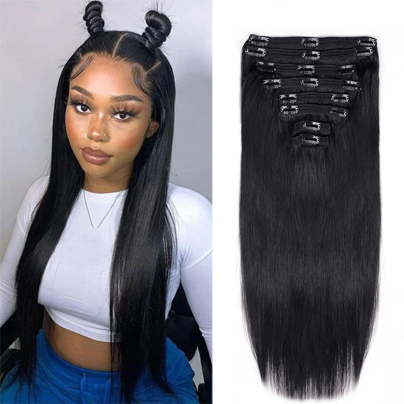 En stock Perruque européenne et américaine en vrais cheveux Clip cheveux Ensemble de 8 pièces Extension de cheveux Clip dans les cheveux Cheveux transfrontaliers en vrais cheveux raides_voghion.com