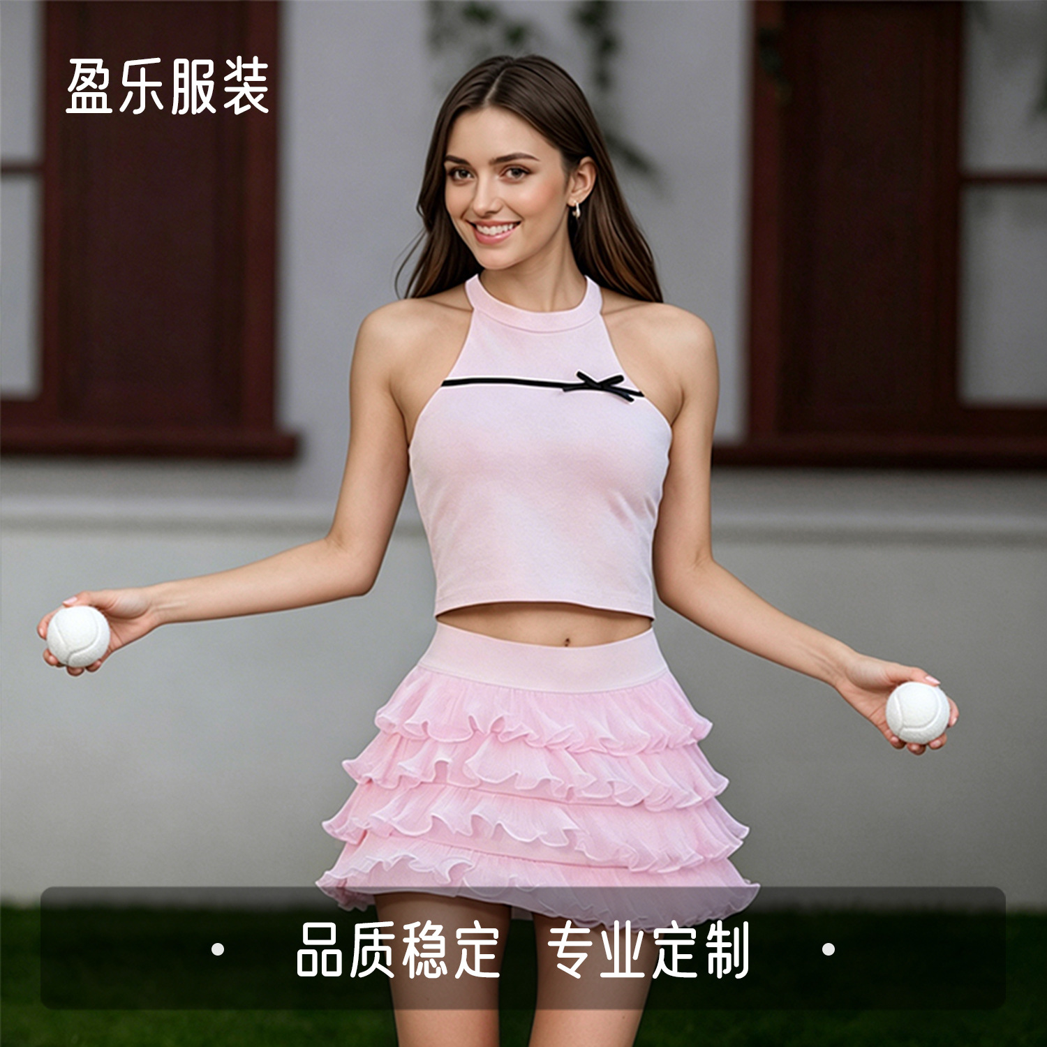 New anti-exposure twist skirt with halter neck, bow tie, slimming back design, two-piece tennis and yoga set for women