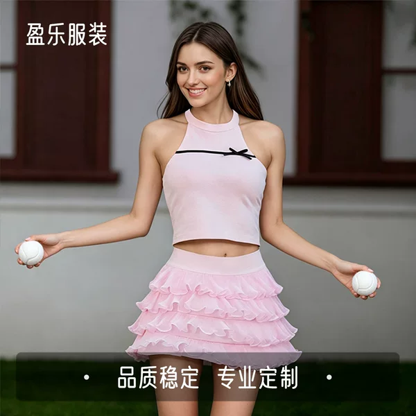 New anti-exposure twist skirt with halter neck, bow tie, slimming back design, two-piece tennis and yoga set for women