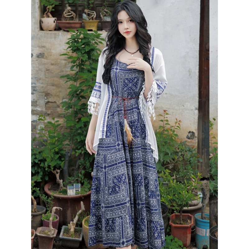 Blue ethnic truffle slip dress from Yunnan province