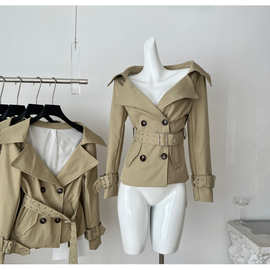 秋季套装女名媛气质双排扣系带收腰短款风衣外套