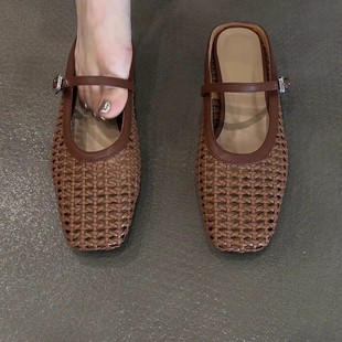 Sheepskin Version ~ 2025 New Summer Style Cut Out Woven Toe-Cap Sandals for Women with Low Heels and Retro One-Line Brown Sandals