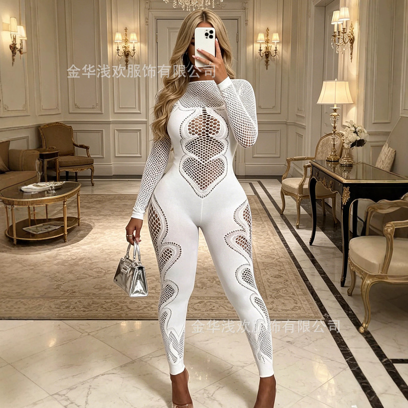 European and American Amazon 2024 New Summer Women's Clothing Round Neck Plain Hollow-Out Pleated Sexy Nightclub Style Jumpsuit for Women European and American Amazon 2024 New Summer Women's Clothing Round Neck Plain Hollow-Out Pleated Sexy Nightclub Style Jumpsuit for Women
