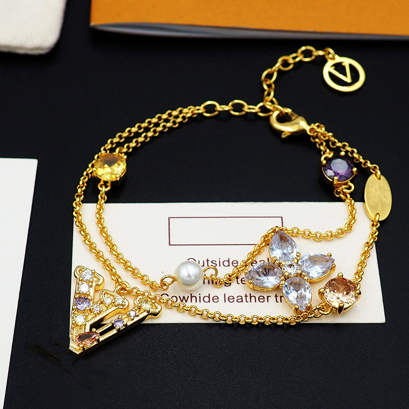 European and American New Style Hollow V Letter Colored Diamond Four-Leaf Flower Marquise Double-Layer Bracelet Women's Colored Diamond Pearl Set European and American New Style Hollow V Letter Colored Diamond Four-Leaf Flower Marquise Double-Layer Bracelet Women's Colored Diamond Pearl Set