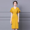 Zhili yellow dress V-neck lotus leaf sleeve Nail Drill waist slim 2021 summer new mid long hip skirt