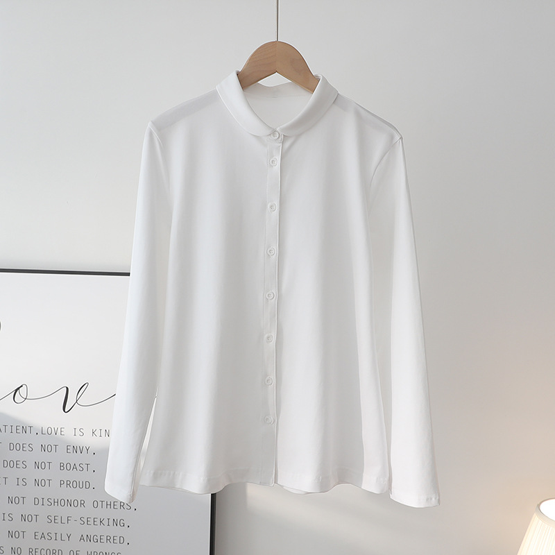 多用途で快適な女性用秋冬ボトムシャツ、ニットストレッチコットン長袖白シャツ、肌に優しく暖かいシャツ