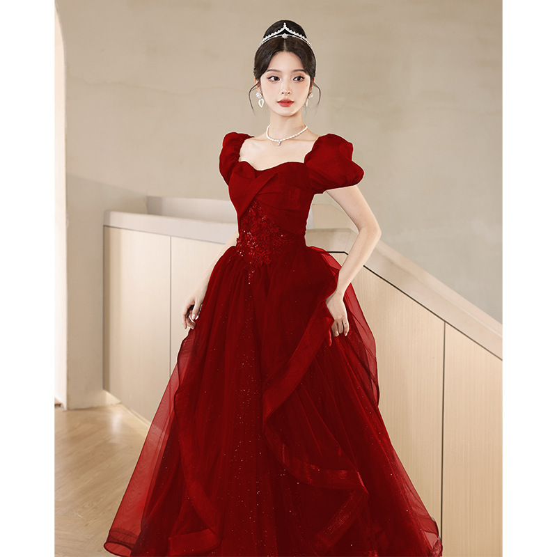 Bridal Toast Dress 2026 New Style Wedding Banquet Burgundy Long Engagement Evening Dress Light Luxury Niche Toast Dress