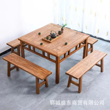 新中式老榆木方形餐桌餐厅酒馆饭店吃饭桌子老门板实木八仙桌