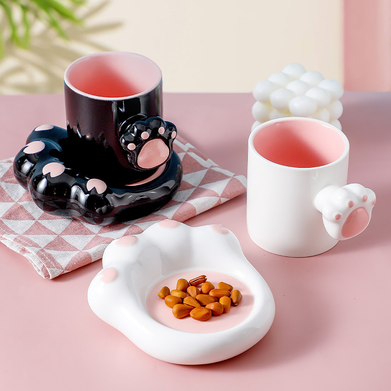 Porcelana de pelo suelto personalizada encantadora taza de café de dibujos animados casera tarpa de gato set de taza para parejas