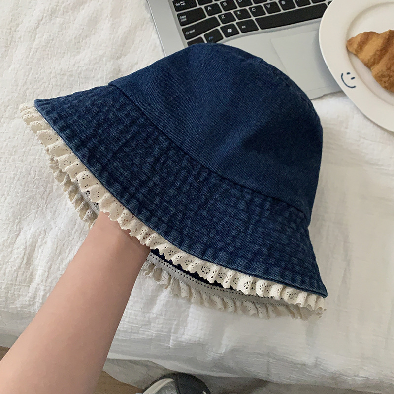 Bonito sombrero de pescador, sombrero de vaquero de borde de encaje, sombrero de bañera, sombrero de sombrero de alta calidad, sombrero de sombrero de la universidad, viento de la cara, sombrero de cubo pequeño, mujer