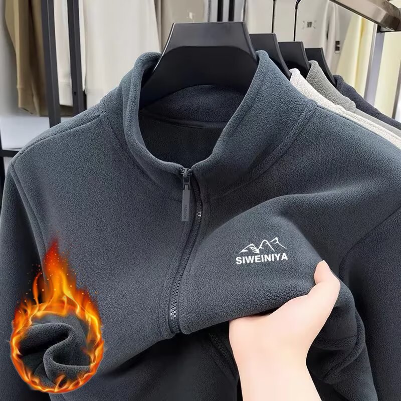 Men's autumn and winter stand-up collar fleece jacket, simple and stylish, with a small mountain print, American-style stand-up collar, and a zip-up design