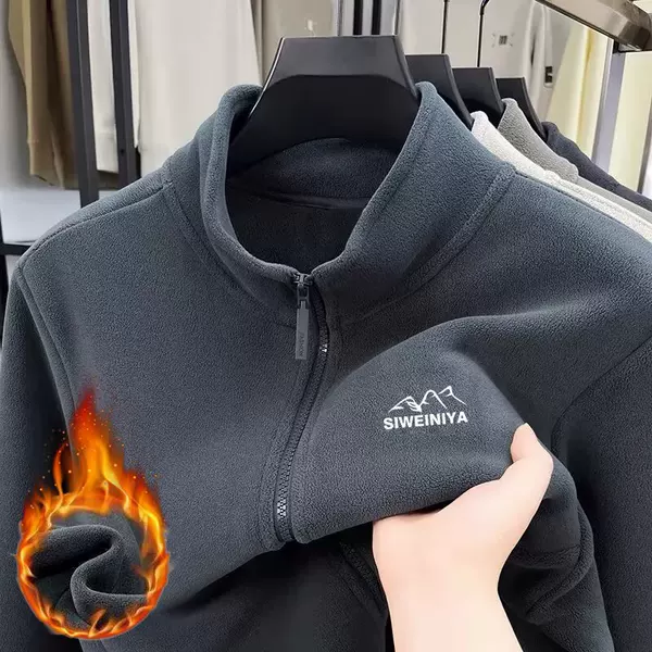 Men's autumn and winter stand-up collar fleece jacket, simple and stylish, with a small mountain print, American-style stand-up collar, and a zip-up design