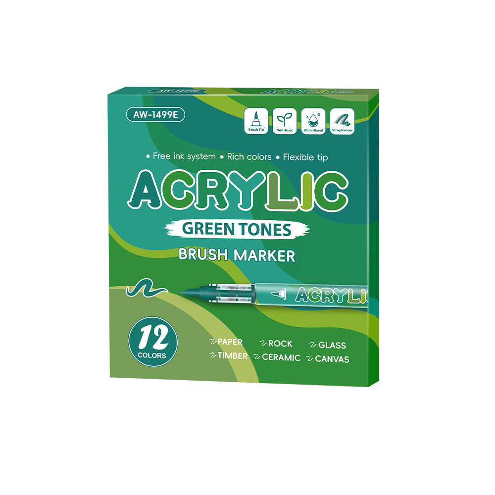 Serie de bosque verde líquido directo acrílico marcador de pluma para estudiantes de pintura especial gradiente acrílico verde pluma mayorista