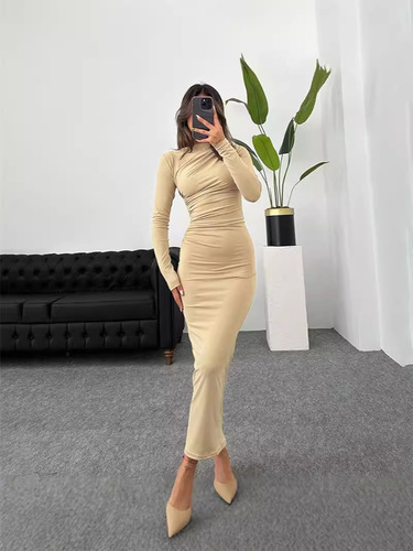 Elegant and Refined Long-Sleeve High-Waisted A-Line Gown with Slits for Women