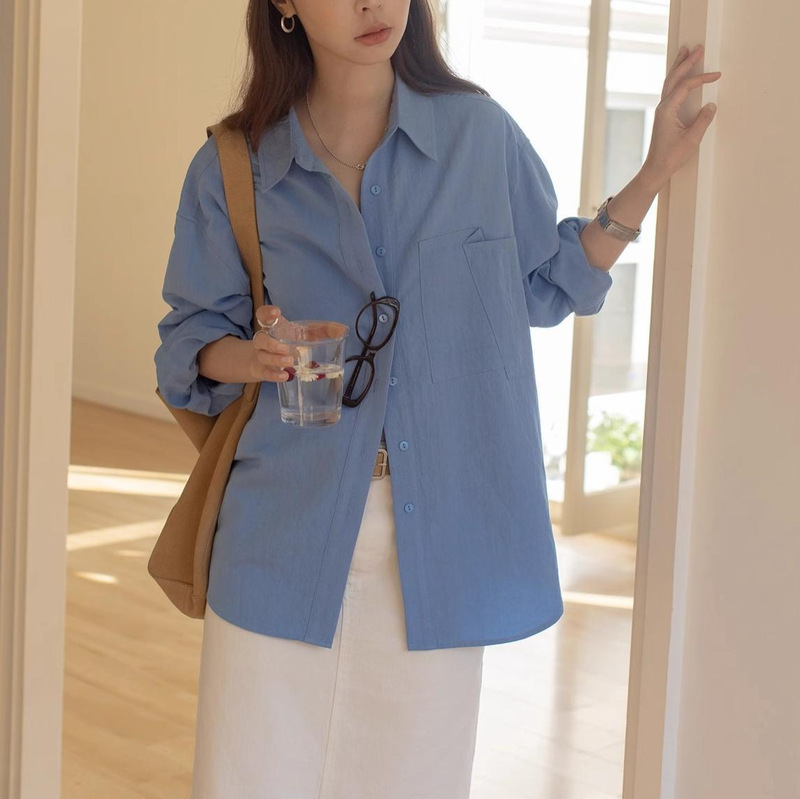 Solid Color Lapel Shirt for Women, Spring/Summer 2025 New Casual Large Pocket Draped Long Sleeve Top, Wrinkle-Free Shirt