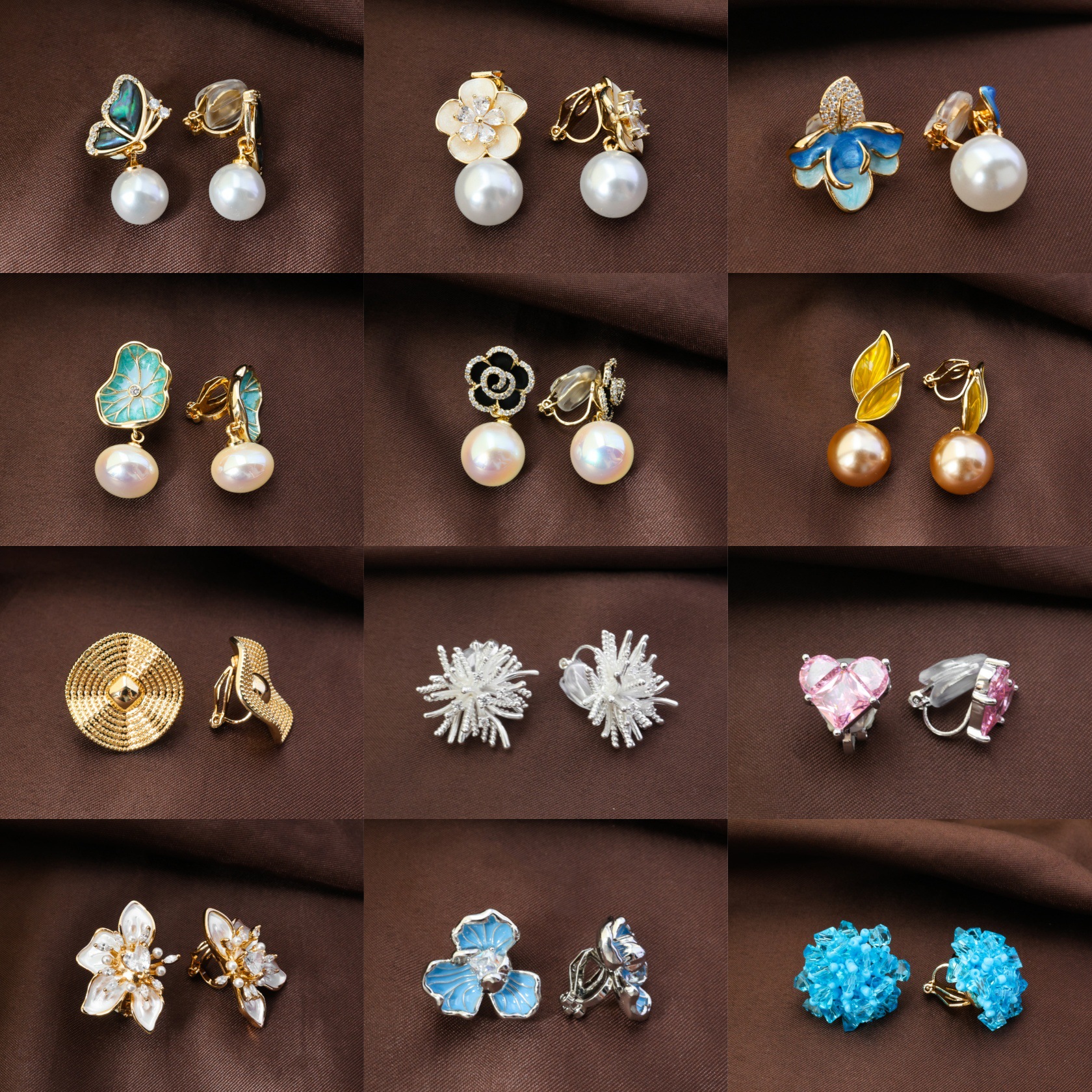 Elegant and luxurious diamond-studded floral pearl triangle ear clips, exquisite and versatile, no piercing required, fashionable and sophisticated earrings