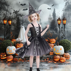 子供のハロウィーンの魔女も狂った服装の女の子の浮かれ騒ぎのパーティーの王女の蓬蓬蓬のスカートのクモのネットの糸のtuuのスカート