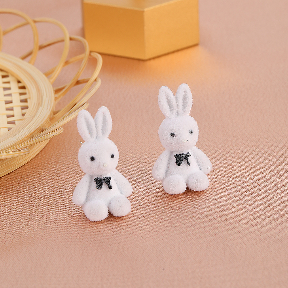 Korean Cartoon Cute Flocking Bear Earrings 925 Silver Needle Plush Rabbit Cat Earrings display picture 4