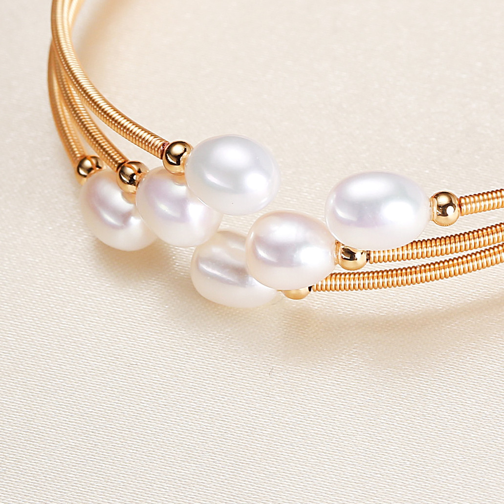 Women'S Gender Plating, Inlay Design Simple Style Oval Pearl Copper Plating Inlay Pearl Bangle 1 Piece