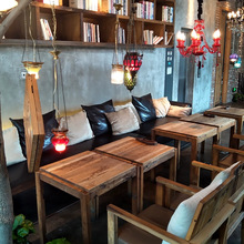 老榆木咖啡桌椅实木双人餐桌做旧小方桌老式咖啡桌八仙桌