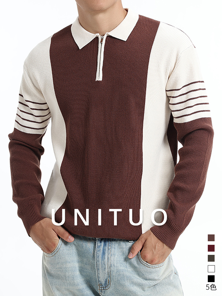 Cross-border hombre otoño invierno medio cremallera suéter de solapa hombre de negocios ocio rayas contraste polo suéter de punto