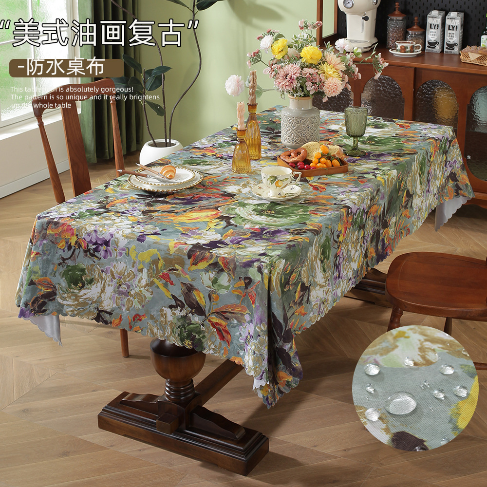 American Oil Painting Style Tablecloth Waterproof and Oil-Proof No-Wash Wavy Lace Decorative Atmosphere Tablecloth Restaurant Home B&B