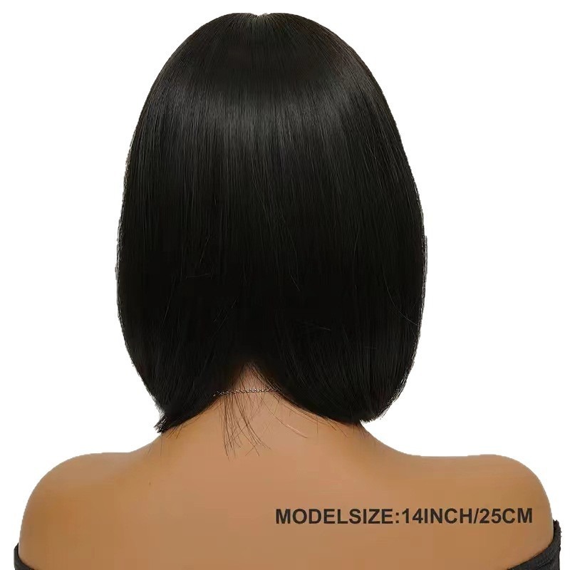 Peluca corta lisa estilo bob con flequillo para mujer, estilo europeo americano, cobertura total de la cabeza, extensión de cabello con botones y malla._voghion.com