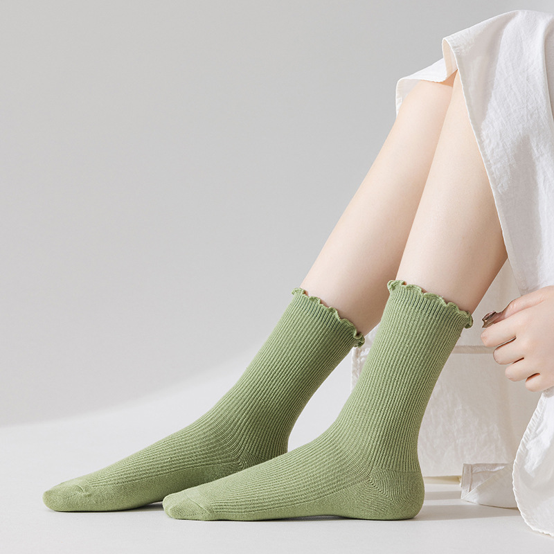 Damen Crew Socken Mit Wellensaum Für Herbst Und Winter Einfarbig_voghion.com