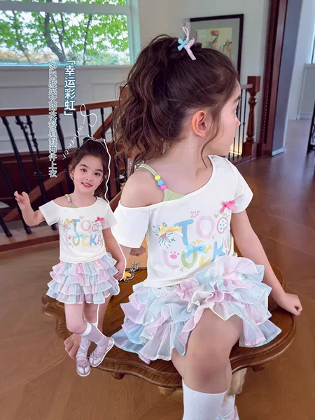 2026 Summer New Style Off-Shoulder Short-Sleeved T-Shirt Fashionable Kidsren's Korean Cartoon Girl Print Fashion Girl Princess