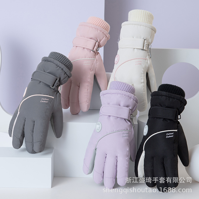 触屏冬季女士五指滑雪手套加绒加厚防寒保暖户外骑车防风防滑简约|undefined