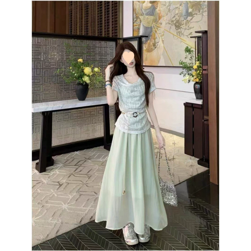 Шикарный женский комплект в чайном стиле, летний нежный темперамент, топ с открытыми плечами и короткими рукавами, комплект из двух частей зеленого платья-бретельки.