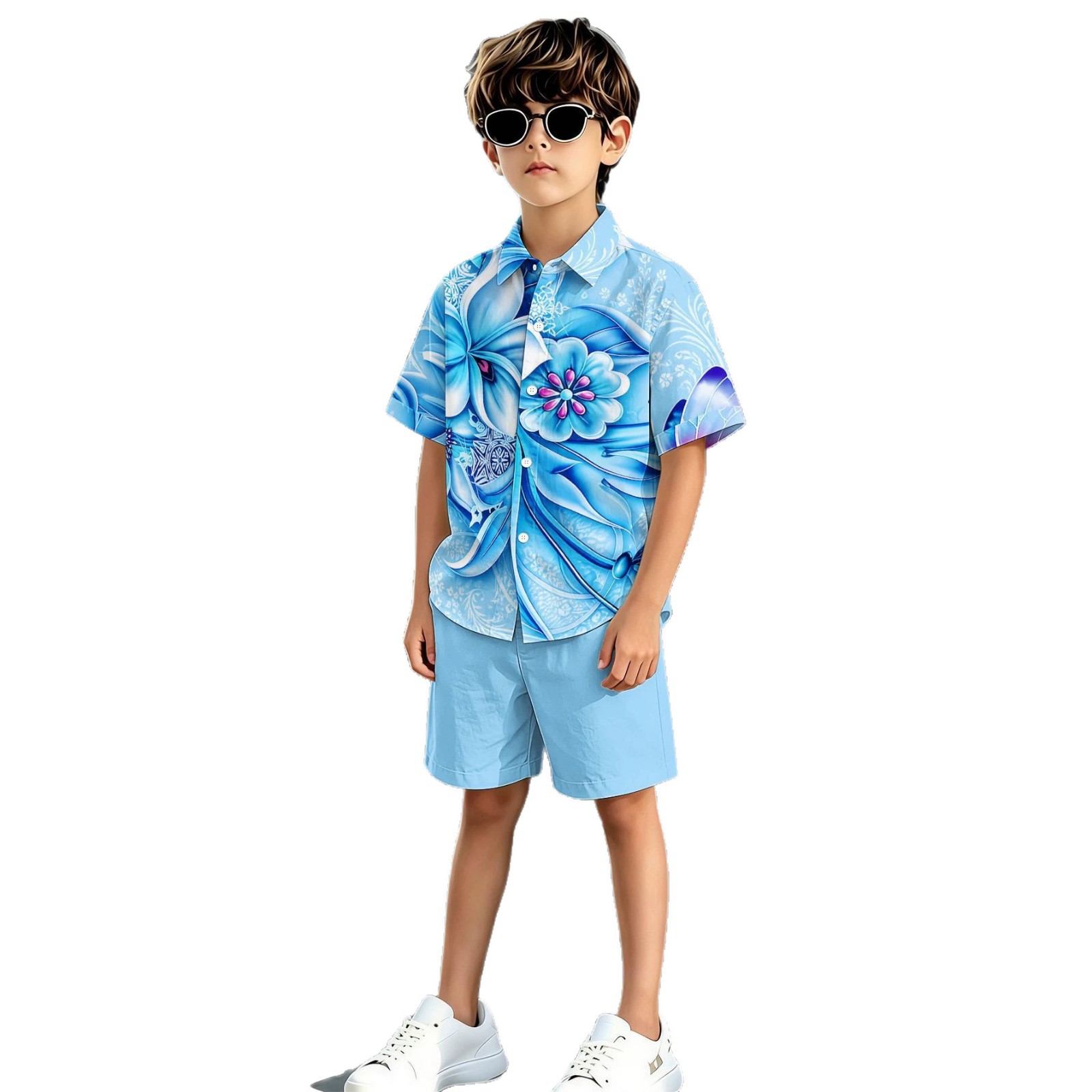 Neue europäisch-amerikanische Styles: Jungenhemd und Shorts-Set mit 3D-Druck und Pflanzenblumenmuster_voghion.com