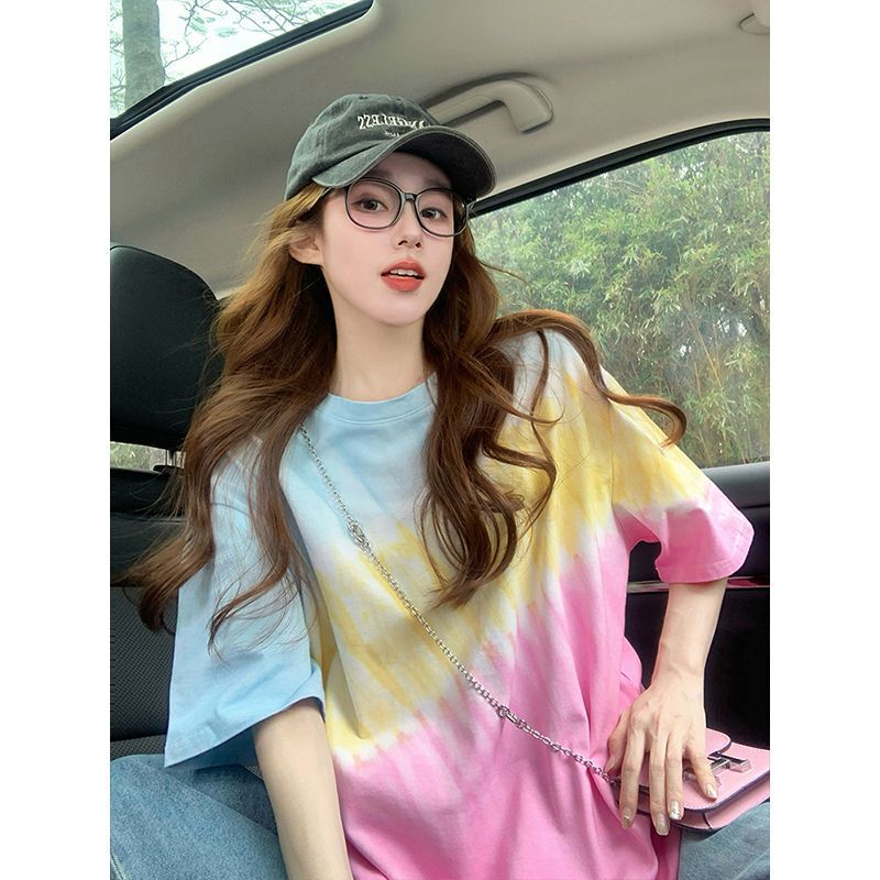 2026 New Summer Colorful American Tie-Dye Short-Sleeve T-Shirt for Women, Gradient Trendy Brand Loose Design European Style Top