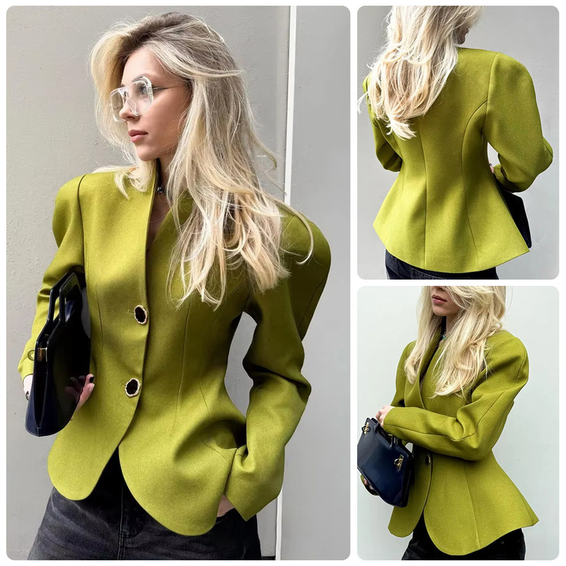 Women's waist-cinching ruffle hem blazer, round neck, two unique metal buttons, slimming design