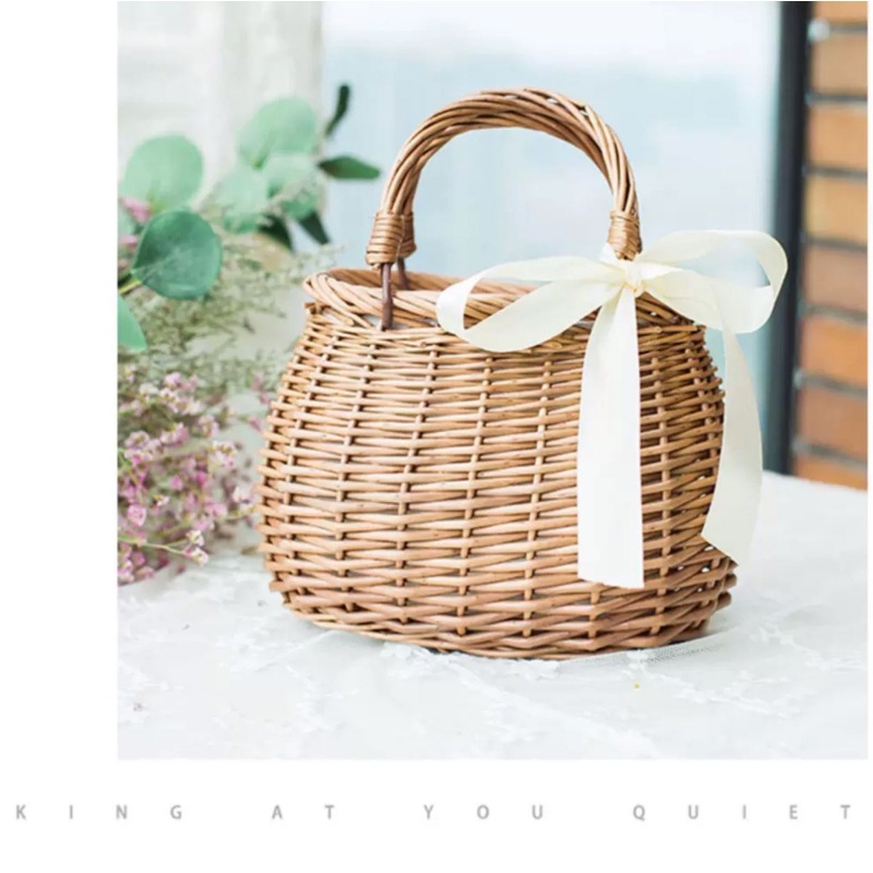 Bolso de cesta de flores de ratán Corea del Sur tejido cesta de verduras forro de tela Bolso de mimbre nuevas mujeres ins mismo estilo verano bambú tejido