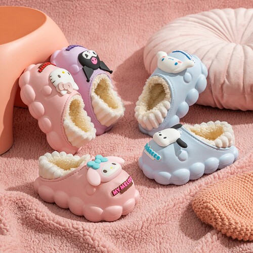 Sanrio Children's Cotton Slippers for Autumn/Winter Girls - Indoor Non-Slip Warm Home Cartoon Cute Plush Slippers