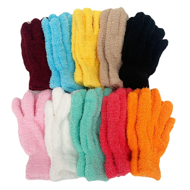 冬季男女毛巾料手套加厚保暖全指手套学生韩版多色糖果色珊瑚绒