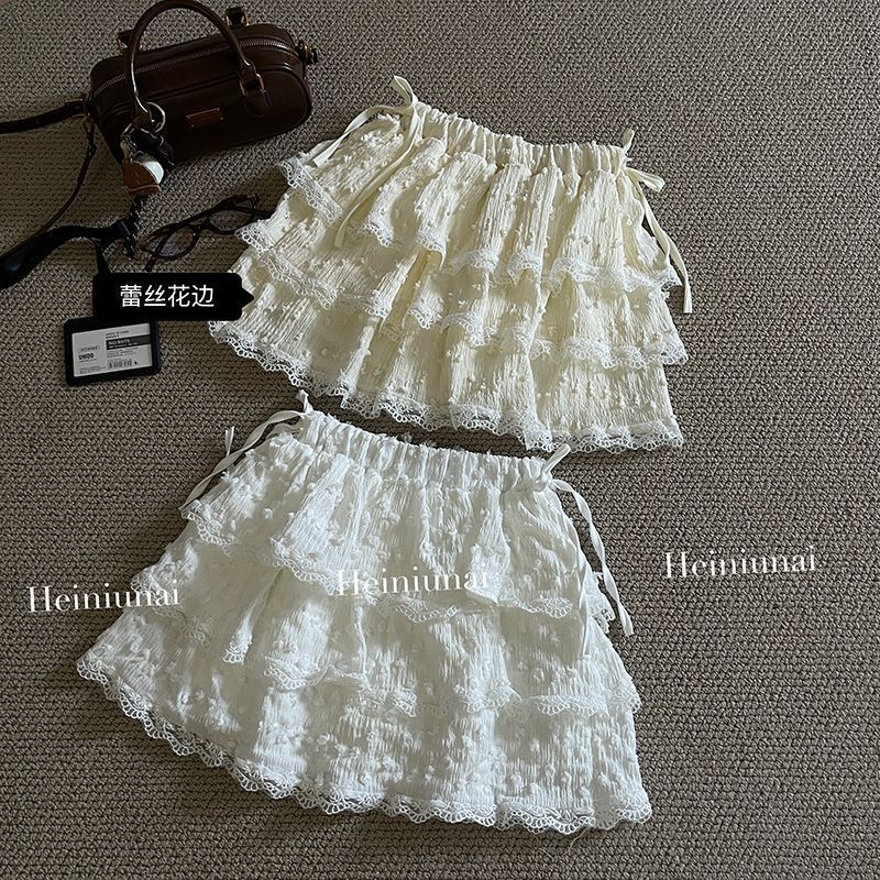 Ballet White Lace Cake Fluffy Summer New High-Waist Slim Skirt Bow Short Skirt for Small People