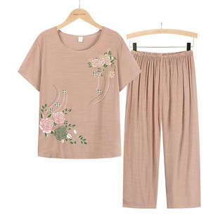 Middle-aged and elderly women's summer two-piece mother's 70-year-old grandmother's short-sleeved T-shirt jacket set Old Lady's pajamas