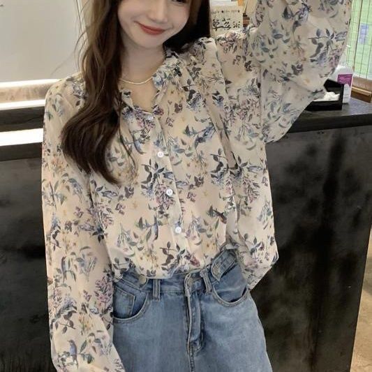 碎花雪纺衬衫女长袖春装2025新款设计感小众法式别致复古chic上衣|undefined