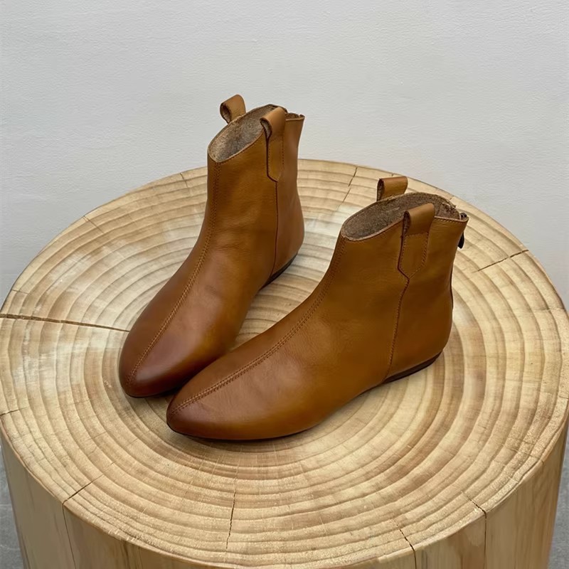 Retro Pointed Toe Ankle Boots For Women Western Style Leather_voghion.com