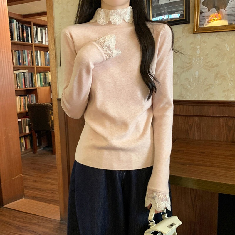 Lace patchwork faux two-piece base layer top, autumn and winter half-high collar, gentle and slim-fit knitted sweater