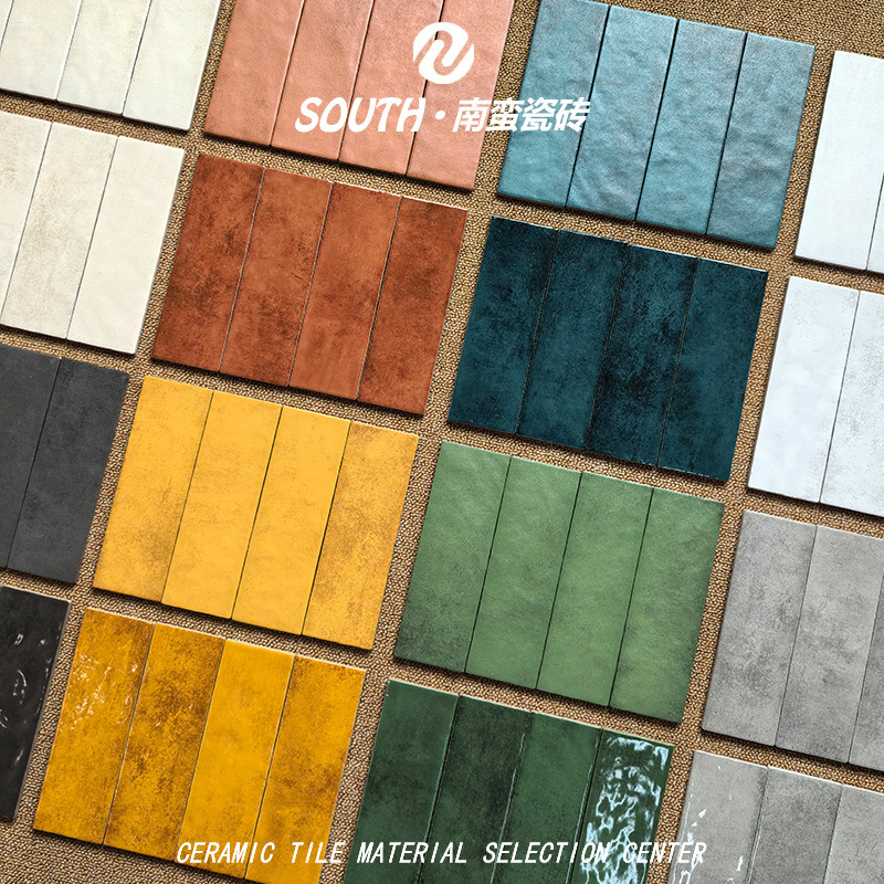 75*230 Gradient Green Strip Handmade Brick Wabi-Sabi Style Cream Tile Kitchen Bathroom Bar Wall Tile