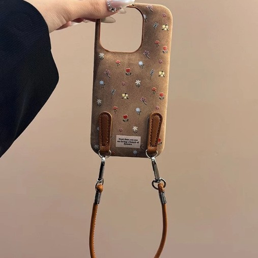 Maillard marrón pequeño floral iphone16promax bolsa de tambor patrón de piel Apple 15pro/14 funda para teléfono móvil aplicable 13