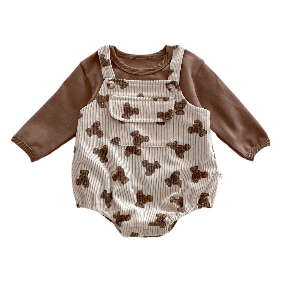 INS estilo coreano bebé PANA correa de pana traje de una pieza bebé lindo oso vaina manga larga Camiseta conjunto de dos piezas