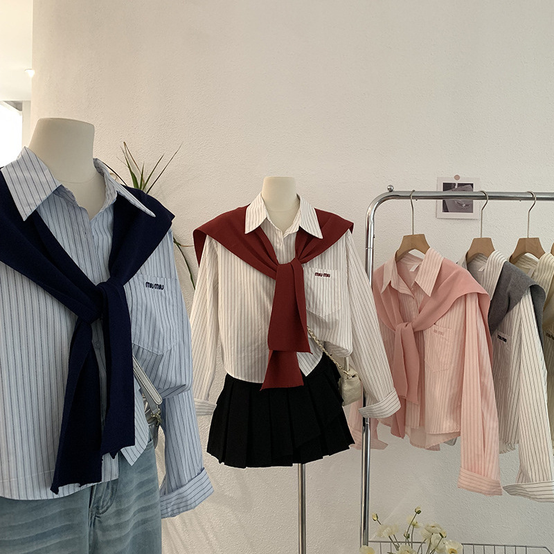 Omalai Lapel Vertical Stripesd Letter Embroidered Long-Sleeved Shirt + Pure Color Knitted Shawl Two-Piece Top 2455