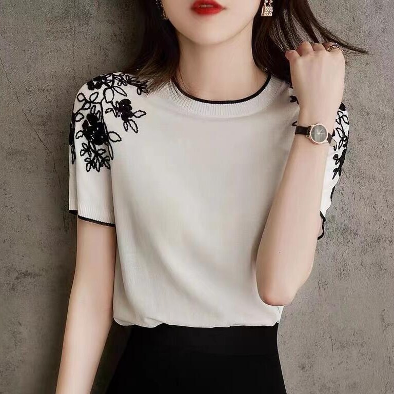 Women's Clothing Wholesale Summer Knitted T-Shirt for Women 2026 Shoulder Embroidery Crochet Round Neck Pullover Elegant Knitwear Summer