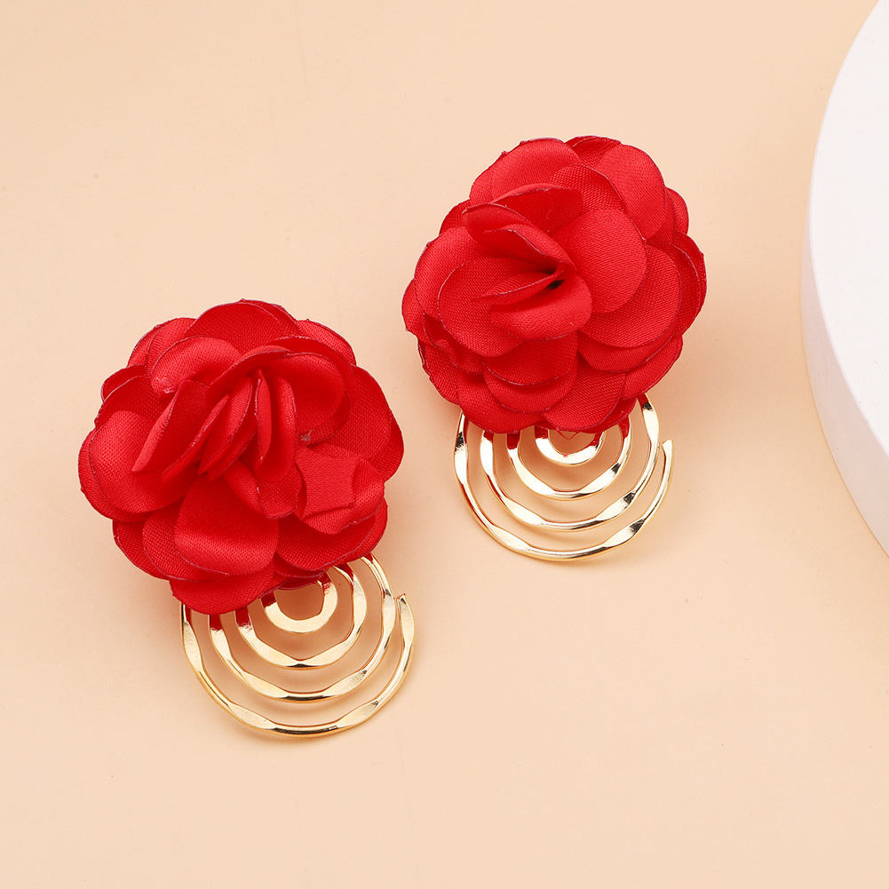Korea Fabric Flower Earrings Autumn New Retro Multilayer Spiral Metal Pendant Rose Earrings