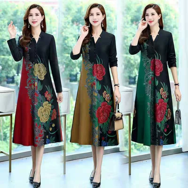 Свободное женское платье больших размеров с принтом выше колена для женщин среднего и пожилого возраста, покрывающее живот, весна и осень, новое платье для мам в западном стиле